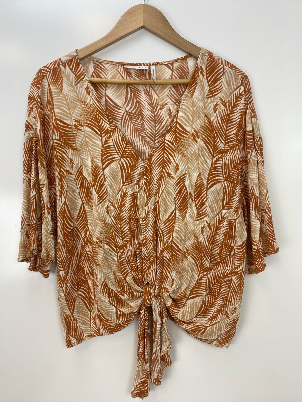 LUQ Tie-Front V-Neck Leaf Print Blouse in Rust and Cream